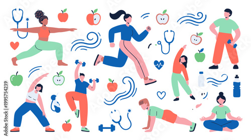 Diverse people exercising and living a healthy lifestyle with medical symbols and fruits representing wellness and fitness