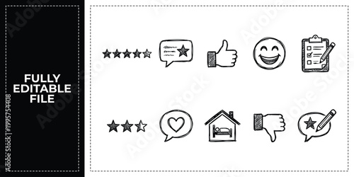 Hand Drawn UI Feedback Rating Stars Likes and Comments Doodle Icon Set Sketch Vector EPS