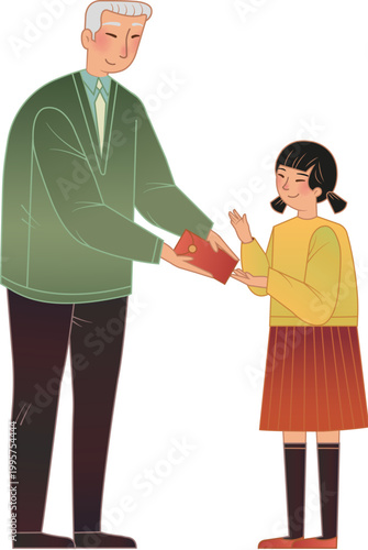 Grandfather gives a red envelope to his grand daughter