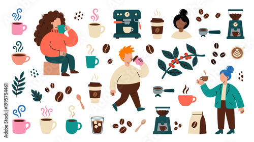 Diverse people enjoying coffee drinks and coffee making process with beans and plants, vibrant flat illustration style
