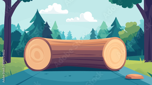 A cartoon scene featuring a large log resting on a surface. Forest and clouds are visible in background