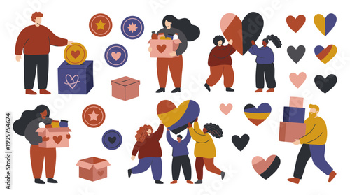 Diverse people donating and helping, symbolizing charity, community support, and volunteering for a good cause