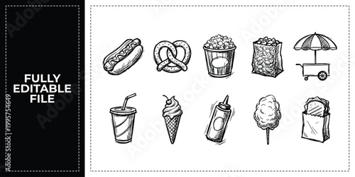 Hand Drawn Street Food Kiosk Hotdog Snacks and Desserts Doodle Icon Set Sketch Vector EPS