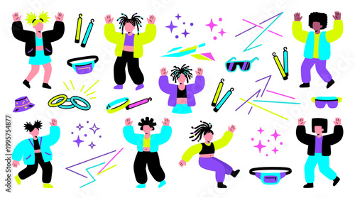 Vibrant 1980s style characters dancing and celebrating with retro accessories and abstract shapes