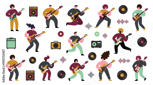 Diverse group of people playing electric guitars and bass guitars with amplifiers and vinyl records, celebrating music and hobbies