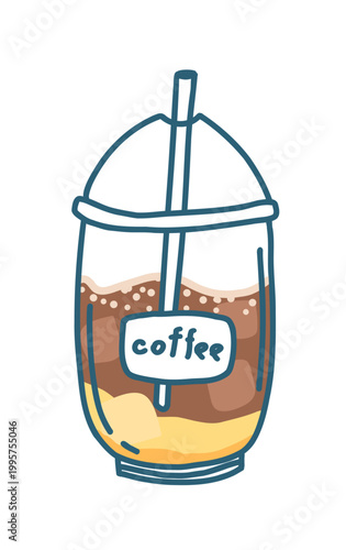 Iced coffee take away.Doodle illustration coffee drink.