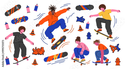 Diverse group of young people skateboarding and performing tricks in an urban park with graffiti art and spray paint cans