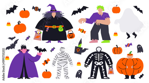 Halloween characters collection including witch zombie mummy skeleton vampire ghost and pumpkin with candy and bats on white background