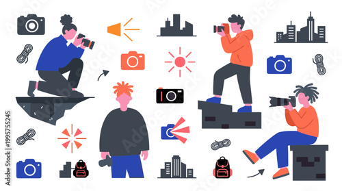 Creative photographers capturing cityscapes and moments with cameras and lenses, illustrating passion for photography and urban exploration