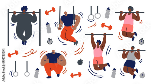 Diverse people performing strength training exercises like pull ups and dips with dumbbells and gym equipment, promoting fitness and healthy lifestyle