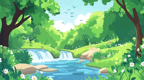 Cartoon-style illustration of a peaceful stream cascading between lush green foliage and trees