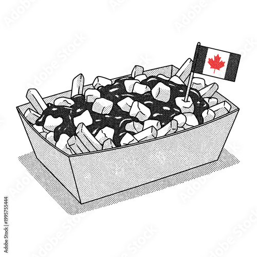 Canadian poutine with fries gravy and cheese curds in stipple halftone art style