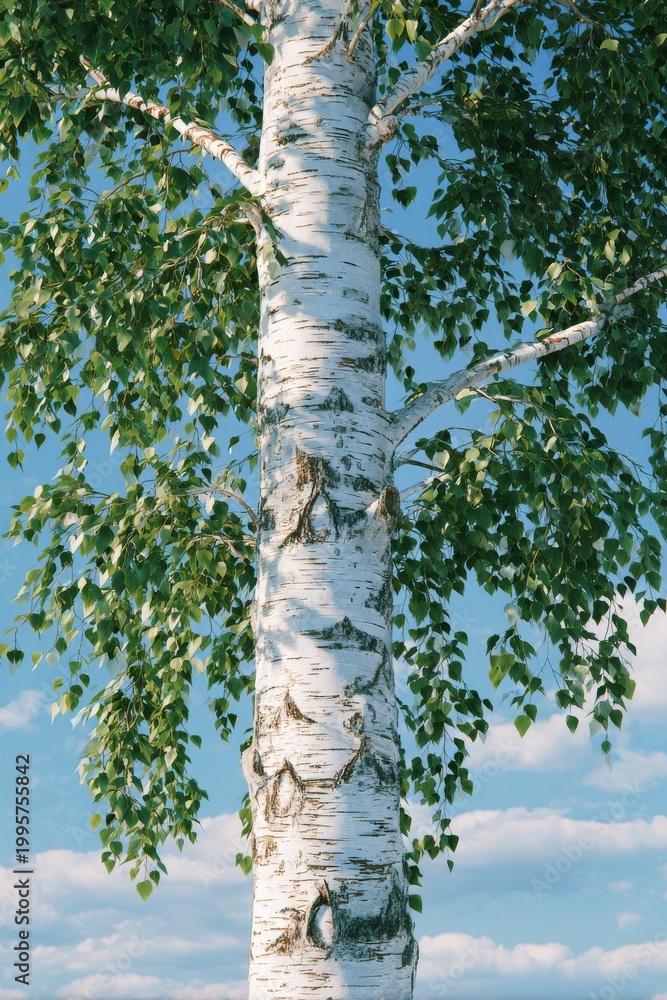 Fototapeta premium Looking up at a leafy birch tree against a bright blue sky with fluffy clouds, this fresh natural scene stands for growth, the summer season, and being outside