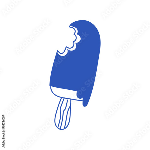 A cute blue illustration of a chocolate ice cream bar with a bite mark. Fun summer print with popsicle.