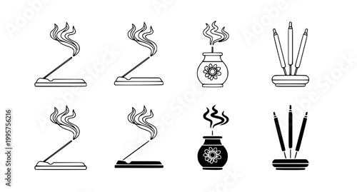 Collection of incense burner and stick icons featuring smoke patterns in outline and solid black silhouette styles for wellness and home decor design isolated on white background
