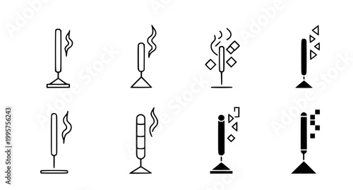 Set of incense stick icons with smoke effects in outline and solid black silhouette styles for spiritual and wellness graphic design projects isolated on a white background
