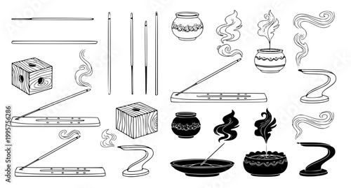 Set of incense sticks and burners with aromatic smoke trails in minimalist black and white line art style for spiritual meditation and home fragrance design elements collection