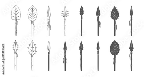 Vintage style hand drawn spear collection with leaf shaped blades and rustic bindings isolated on white background for outdoor adventure and primitive tools design graphic projects