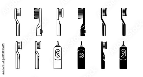 Collection of modern electric toothbrush icons and manual dental tools in black and white vector style isolated on white background for oral care and health technology branding
