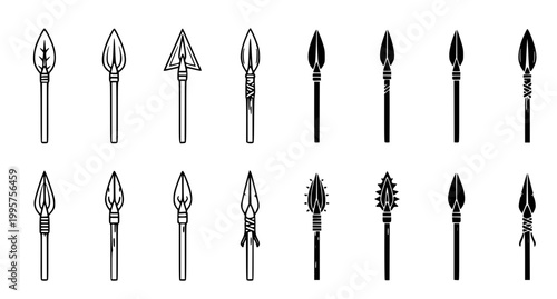 Versatile collection of sharpened spearheads and primitive weapon tips in black vector style for historical game design and educational graphics isolated on a white background