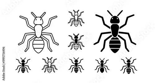 Collection of stylized ant graphic icons in line art and solid black formats for modern digital interface design and educational materials representing insect diversity and colony social structure
