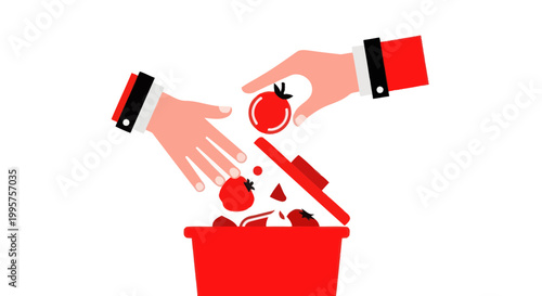 Hands throwing tomatoes into a red bin, concept of wasted food or discarding produce