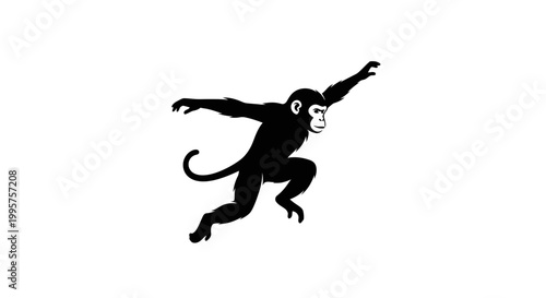 Silhouette of a monkey in a dynamic pose, black on white background