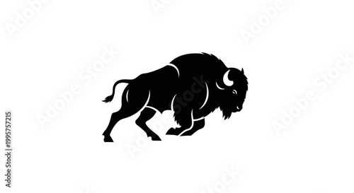 Silhouette of a powerful bison charging forward, isolated on white background