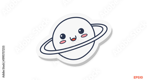 Cute cartoon planet Saturn with happy face, sticker style, isolated on white