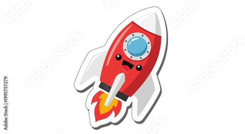Cute cartoon rocket ship with happy face flying with fire exhaust