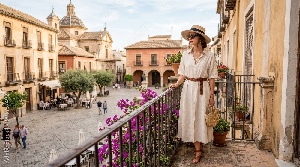 Fototapeta premium Woman on Balcony Overlooking European Town Square
