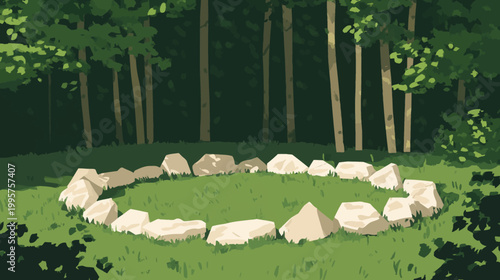 Digital illustration of a forest clearing with a circle of stones and dense foliage