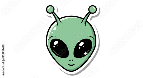 Cute Green Alien Head with Big Sparkly Eyes and Antennae, Cartoon Style