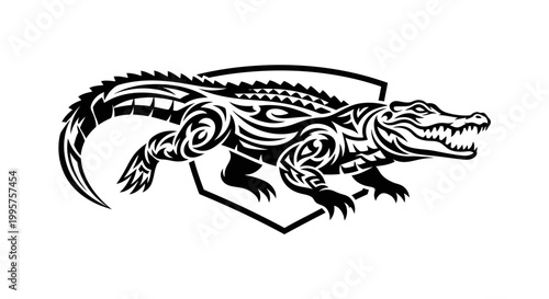 Tribal Alligator Silhouette Logo with Shield, Fierce Reptile Design