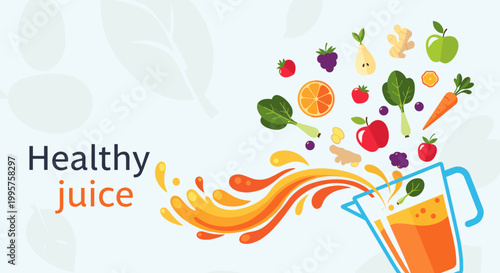 A vibrant illustration of fresh fruits and vegetables being blended into healthy juice, symbolizing a nutritious lifestyle.