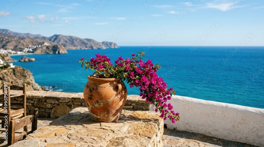 Fototapeta premium Terracotta Pot Bougainvillea Mediterranean Sea Vista