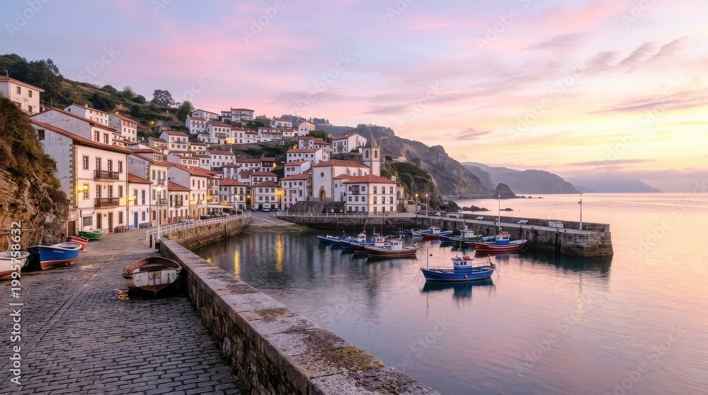 Obraz premium Coastal Village Harbor At Sunset