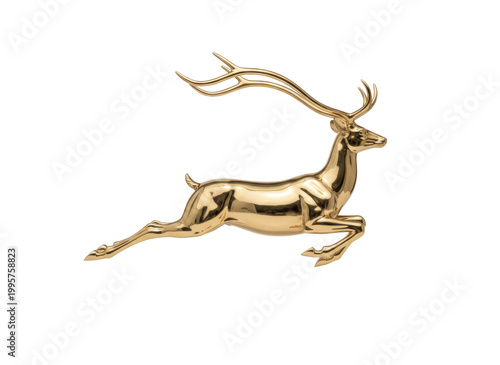 A sleek, golden sculpture of a leaping deer with elongated antlers, captured mid-flight isolated on a transparent background