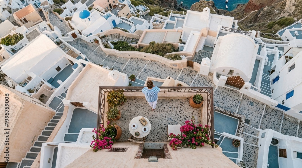 Fototapeta premium Woman overlooking Santorini village rooftops aerial view