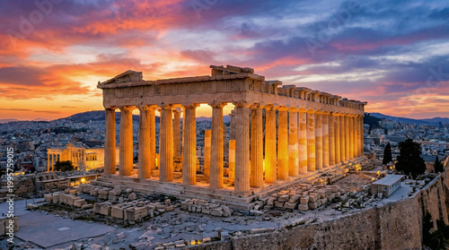 Parthenon Athens, Ancient Greek columns glowing at sunset, Acropolis background, dramatic twilight sky