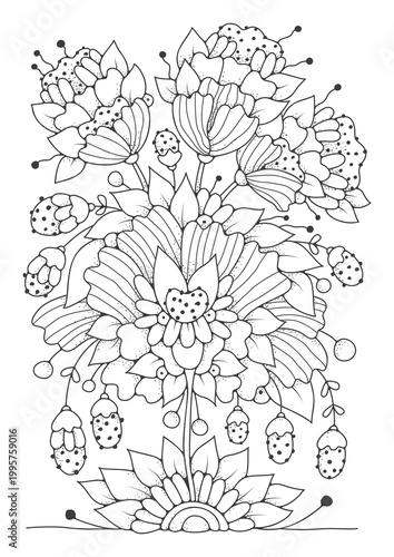 Black and white floral illustration for coloring. Art therapy, coloring book for children and adults.