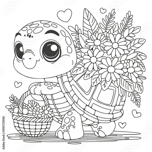 A coloring page for children and adults featuring a cute turtle and flowers. Art therapy. Black and white illustration for coloring.