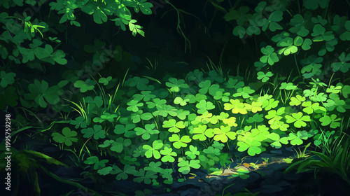 Artistic depiction of a lush green clover patch in a shaded forest clearing, with sunlight
