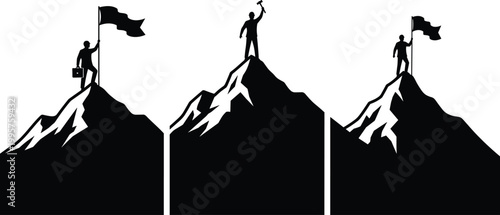 Successful Businessman Silhouette Achievement Concept Showing Leaders Standing On Mountain Peak With Flag And Hammer Representing Business Goal Success Growth