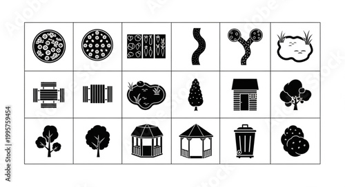 Collection of Black and White Icons Representing Landscape Elements.