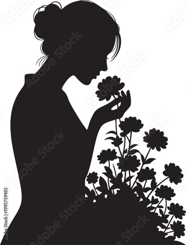 Silhouette of a woman smelling a bouquet of flowers with white background