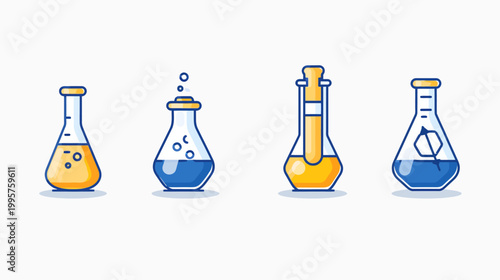 Four stylized chemical flasks, each holding colored liquid or interacting with objects, on a white backdrop