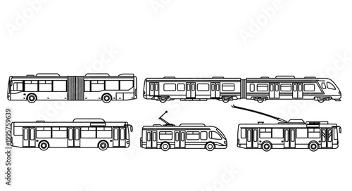 Collection of different types of buses and trams.