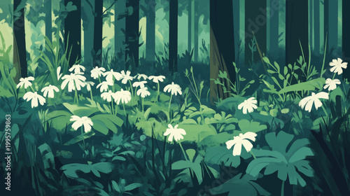 A tranquil woodland scene, with white flowers and lush greenery under a canopy of trees in muted tones