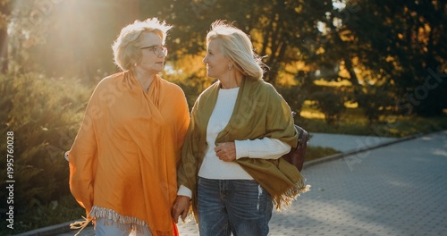 Fotografie Senior women friends conversing walking outdoors in autumn